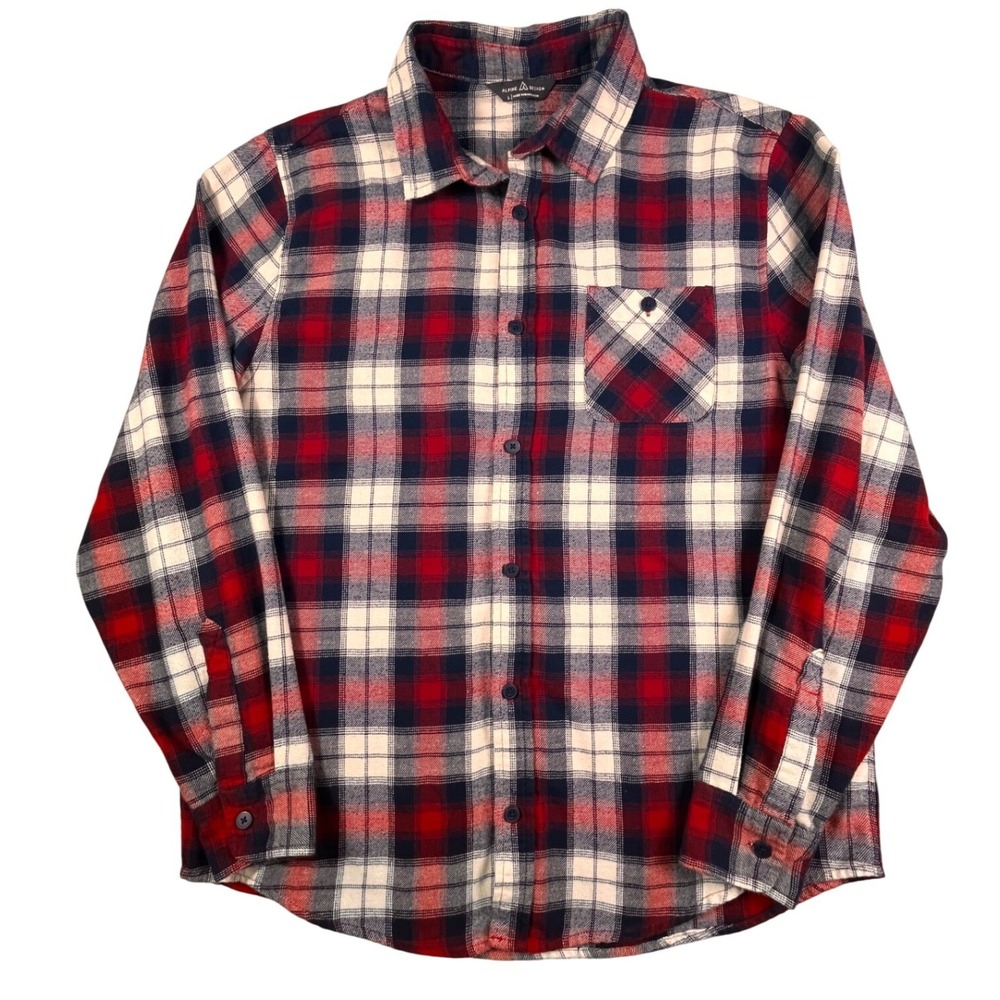 Alpine Design Mens‎ Large Red Navy White Plaid Flannel Shirt Cotton Blend